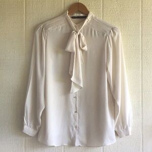 Zara Cream ivory stud buttons bow Tie-Neck Blouse